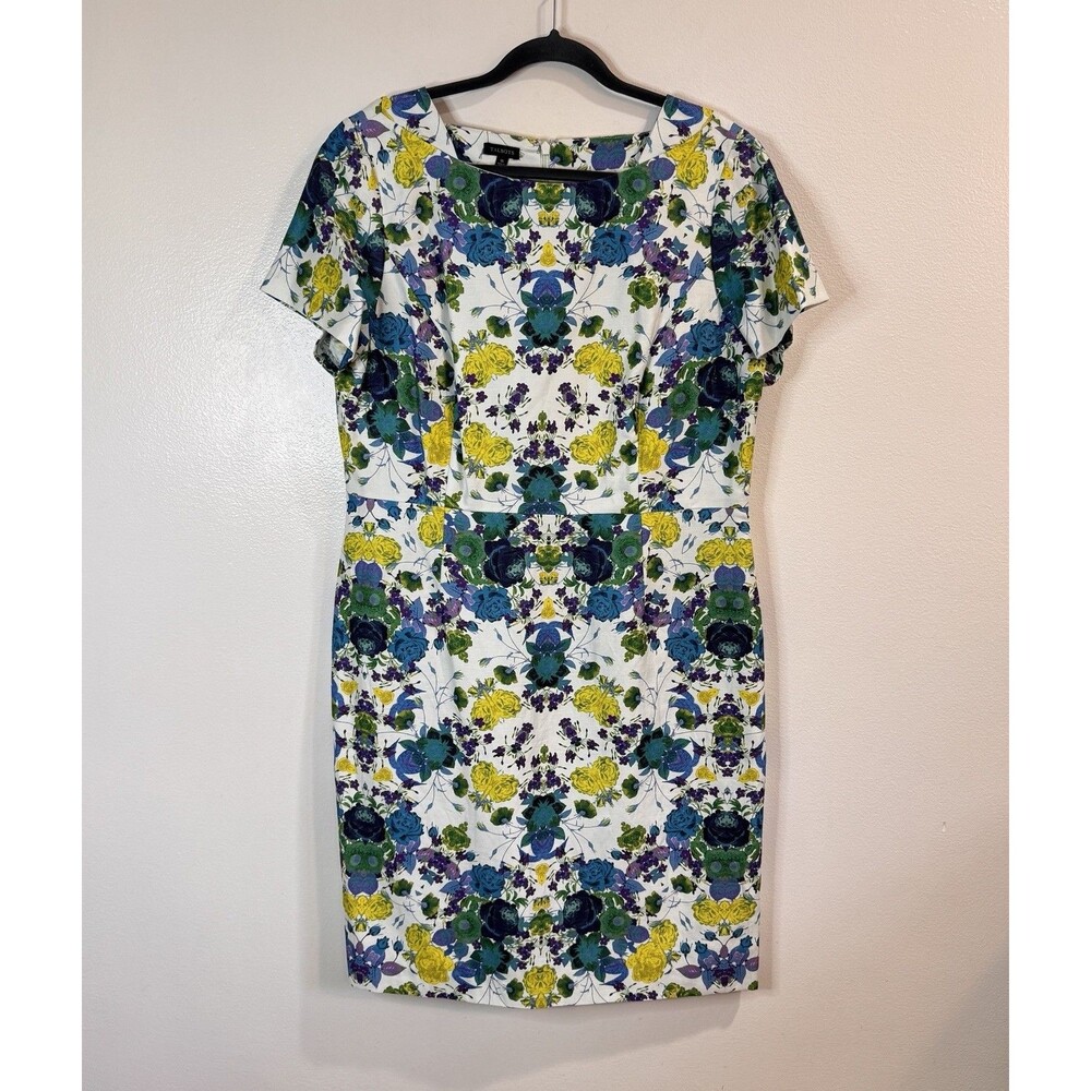 Talbots Shirt Dress Sheath 16 Linen Cotton Floral White Blue Yellow Preppy Party